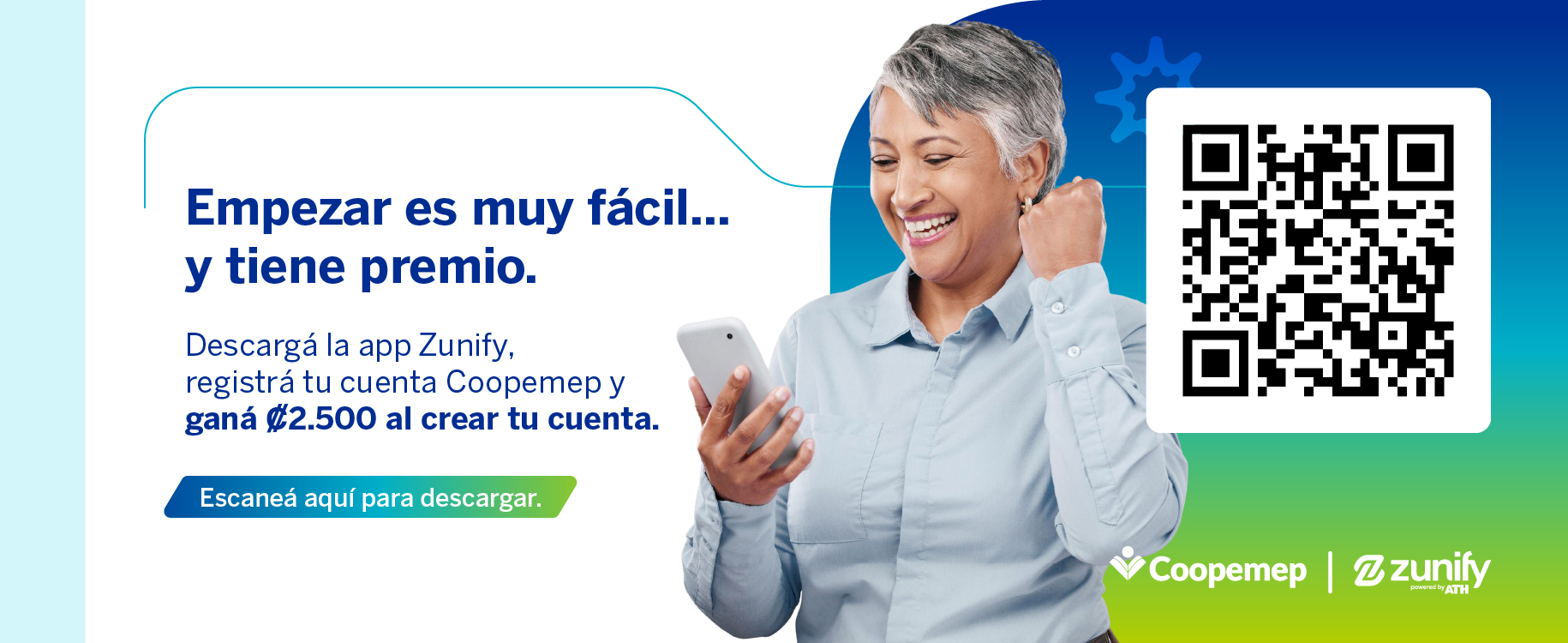 Descarga la app Zunify escaneando el código QR y gana beneficios al registrar tu cuenta Coopemep.